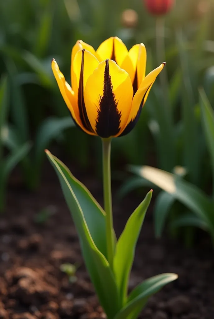 beautiful yellow and black tulip is blooming in the home garden, good lighting, cinematic, realistic, good colour grading, realistic, 8K