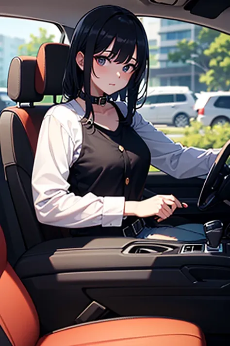  1 woman: Young, kinda tired , with black hair, driving with your hands on the wheel in a big traffic. She is wearing: a long sleeve black t-shirt with collar and button-up, a red office tie, Long black belt pants. the viewer is in the passenger seat, look...