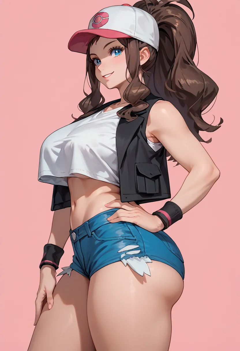 1girl, pokemonhilda, blue eyes, brown hair, long hair, ponytail,baseball cap, blue shorts, denim, hat, micro shorts, vest, wristband, sleeveless, black vest, white shirt, shirt, cowboy shot, pink background, ((side view)), huge breasts, gigantic ass, wide ...