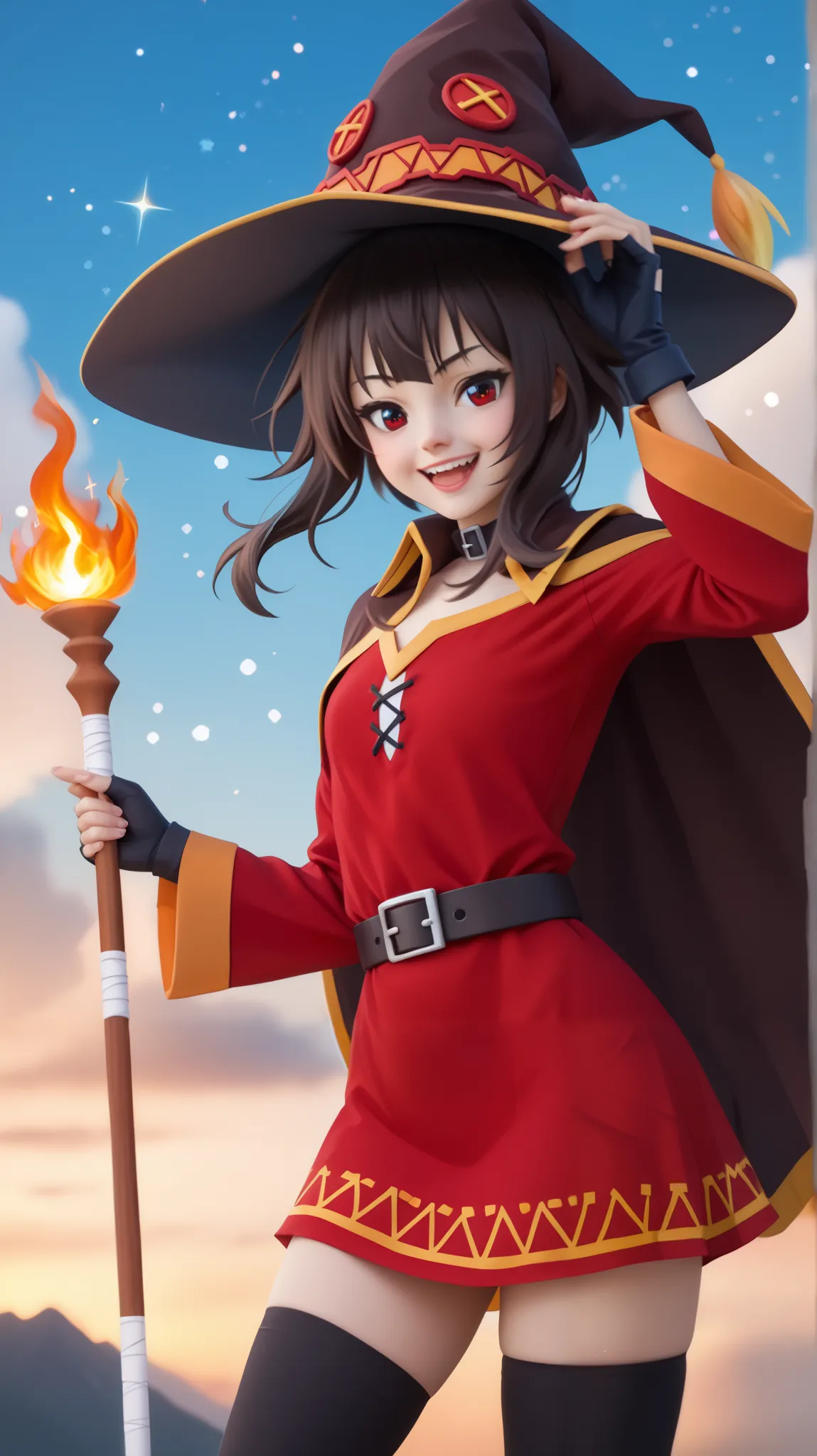 A hyperrealistic, ultra-detailed 8K image of Megumin from Konosuba, striking a dynamic and playful pose, extending her right hand forward in a confident, magical stance, while her left hand lifts the brim of her iconic black wizard hat with red and gold ac...