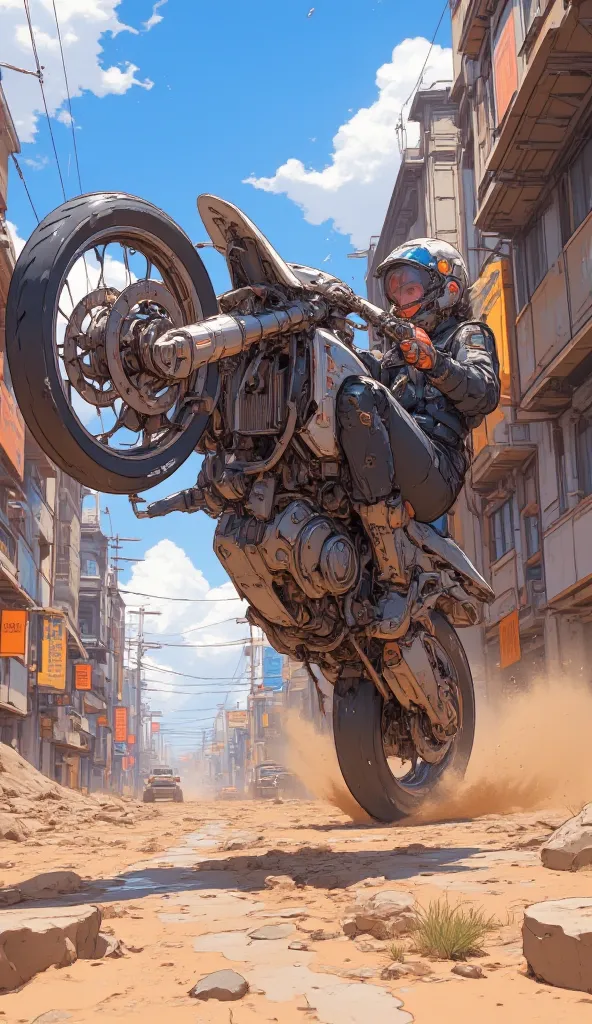 There is a picture of a person riding an off-road motorcycle doing tricks, Fourze,  motorcycle concept art ,  animation art vehicle concept art, bright style illustration, EXTREME ILLUSTRATION, Jang Seung-op, Akira Bike, Akira movie style,  Jong Suk Lee , ...