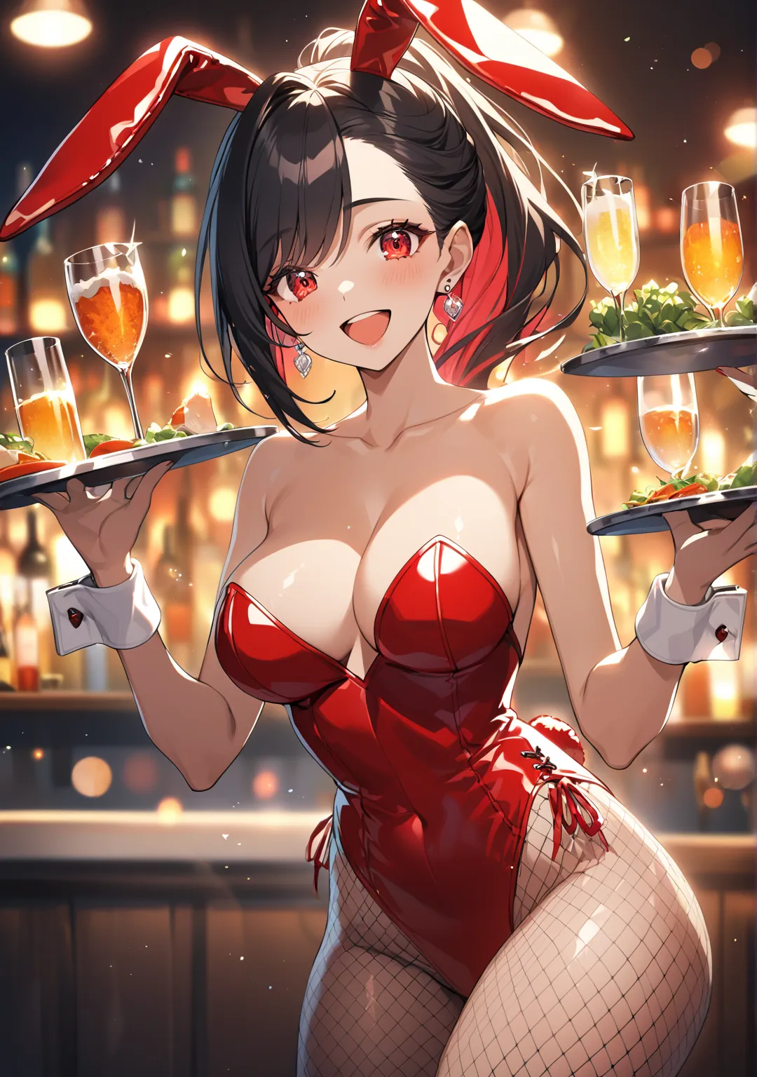 1 girl, Game CG, 

shallow depth of field, a portrait with a soft Gaussian blurred background, creating a dreamy atmosphere, focus on face, dutch angle, full-body shot, side shot, profile, looking viewer,

A charming bunny girl gracefully carries a tray wi...