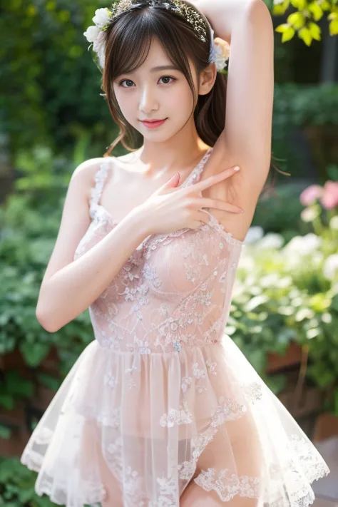 ((top quality)), ((masterpiece)), ( details), 1 person, cute,White Beauty ,Flower Garden,photon mapping on back hand， Jill Stuart pink lace and ruffle dress，Delicate lace underwear, high contrast、 glitter、is raising her arms and showing her sides