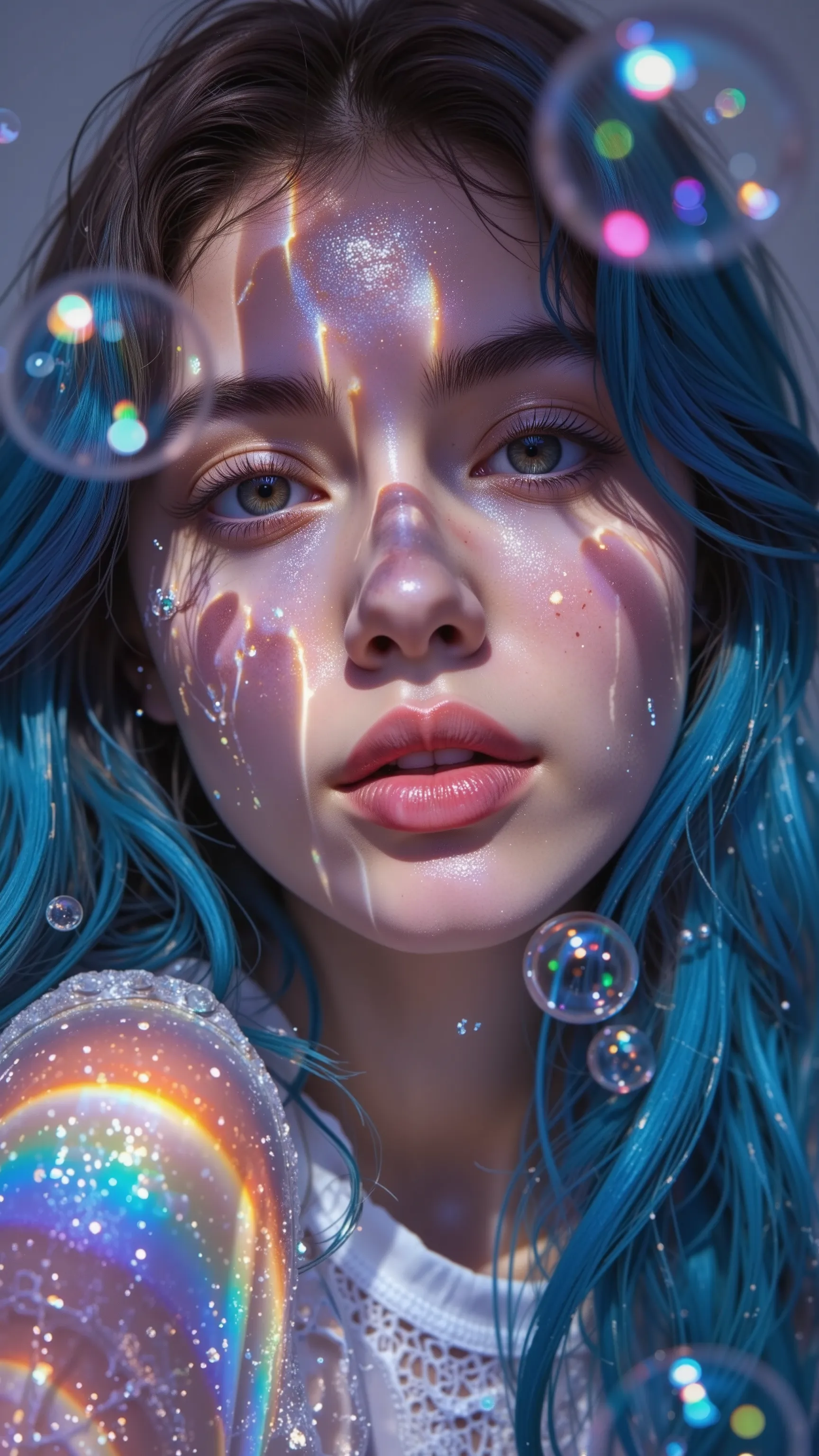  neon, a beautiful girl, plump lips while in a wheelchair, ((Clean and beautiful face))，((Underwater：1.5)),Mottled light and shadow，bubble，blue hair with neon pink highlights，realistic, cinematic lighting, high-precision details,  digital art