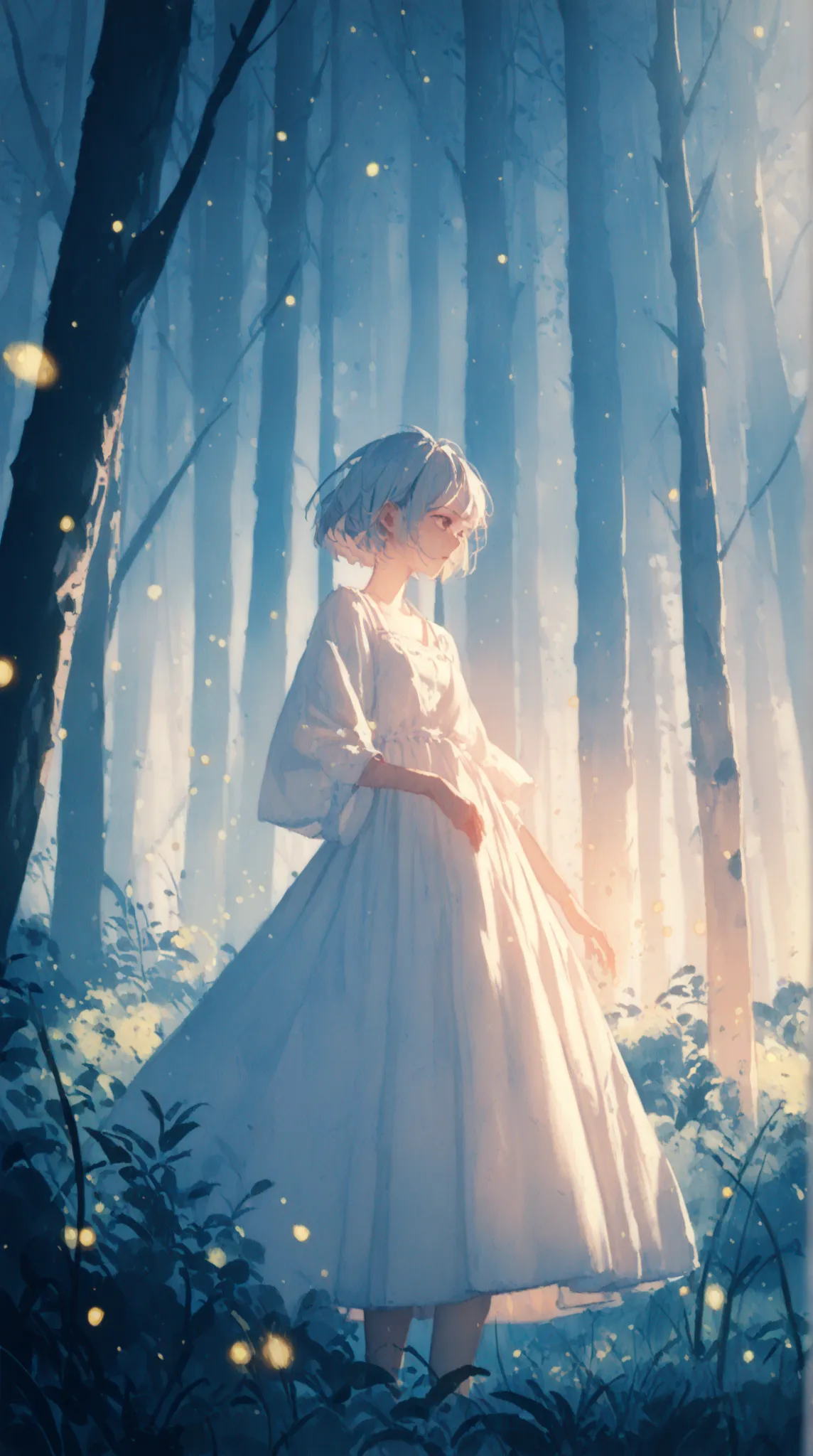 score_9, score_8_up, score_7_up, score_6_up, score_5_up, score_4_up, girl, short hair, wearing a white dress, standing in a mystical forest, glowing fireflies, soft lighting, watercolor style, serene atmosphere