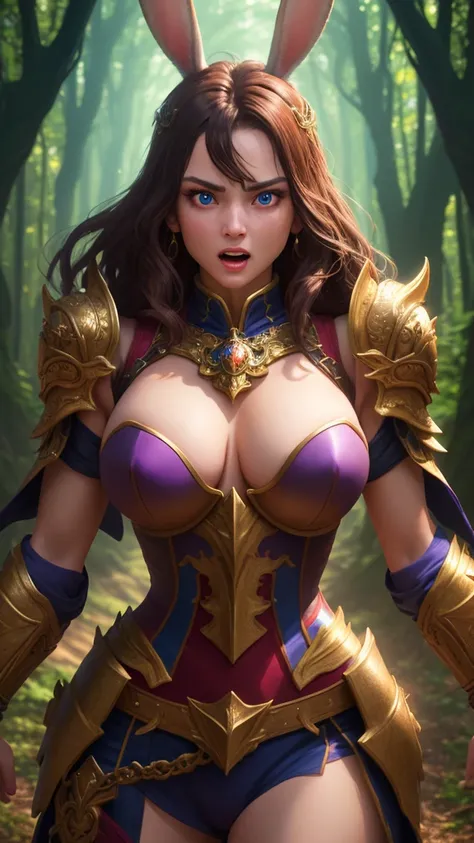 sexy female humanoid rabbit warrior, strong bust, 4K, hyper-detailed, masterpiece, photorealistic, HDR, studio lighting, physically-based rendering, dynamic pose, fierce expression, ornate armored outfit, glowing magical aura, lush fantasy forest backgroun...