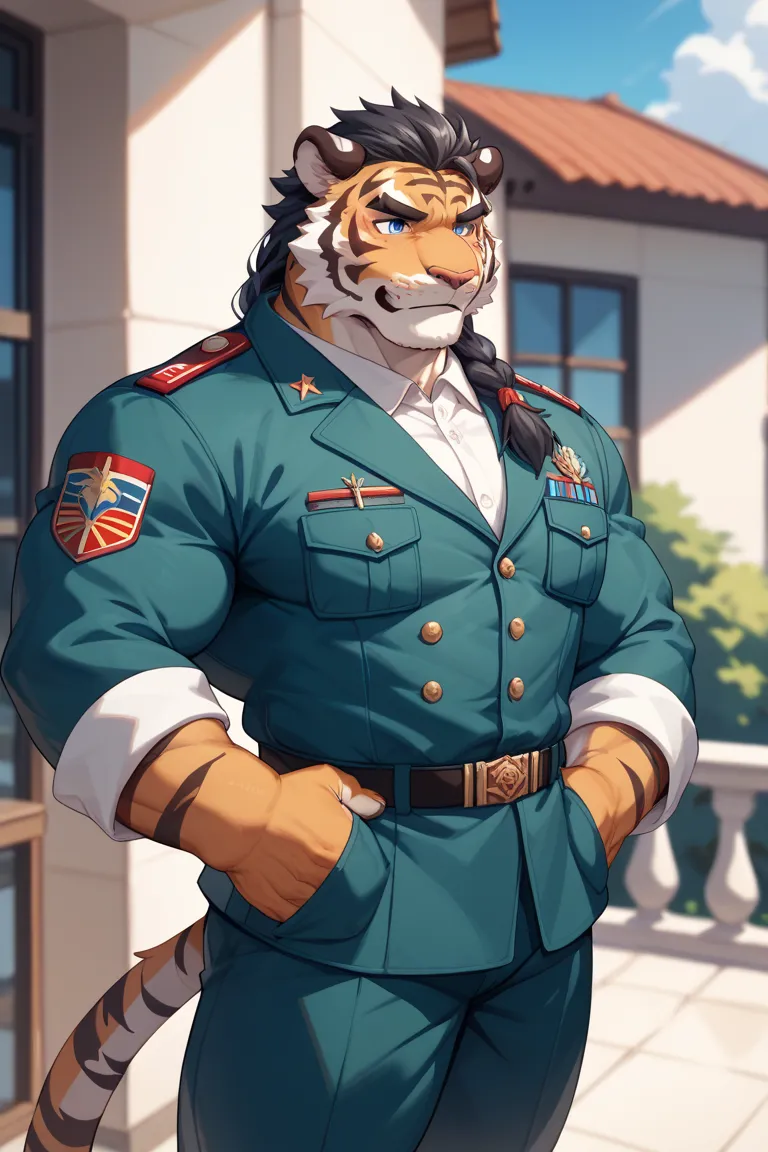 male，furry、Tiger Beast Man、 black hair、One short braid on one side、blue eyes, Military Uniform 、bad、Violent、 balcony、Big biceps、fat lower body