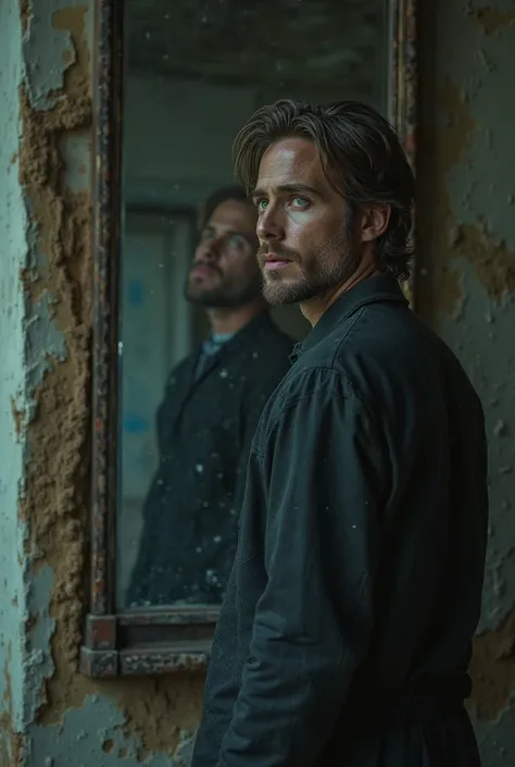 Ryan Gosling looks at himself in a mirror in an abandoned place