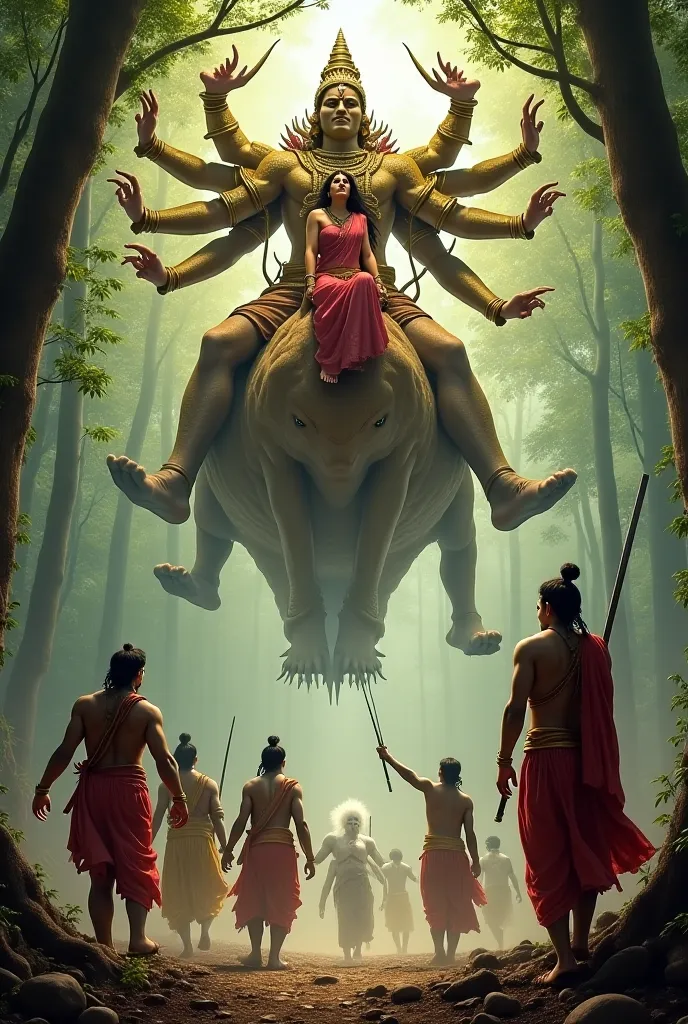 "In a dense forest, demon king Ravana, a towering figure with ten heads and twenty arms, clad in golden armor, forcefully carries Sita into his flying chariot. Sita, draped in a red saree, cries out for help while the golden deer, actually the demon Marich...