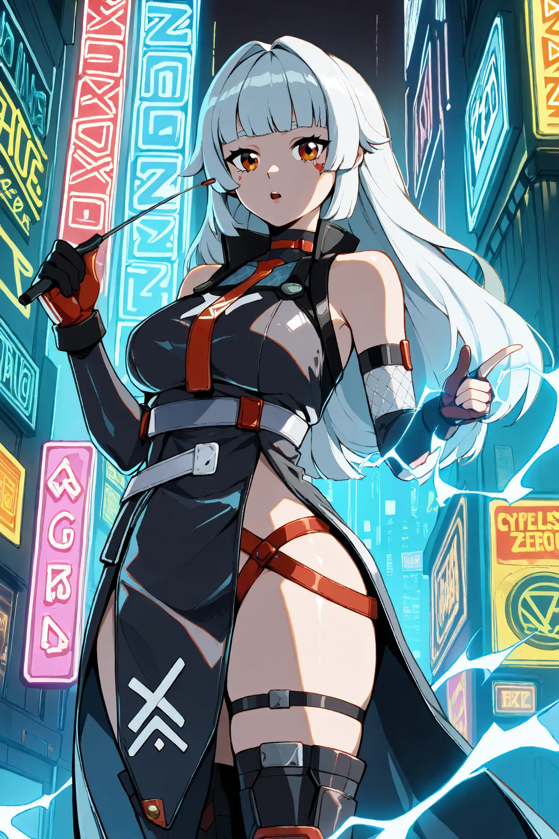 High Quality, wallpaper quality, HD, solo female, Big , Black Dress, white details, with leg slit, White Ruffles, red straps on chest, Thigh high Boots, straps, ((cyberpunk clothing style)), daggers on front of dress, long Creme hair, ((Long Hair)), Gloves...