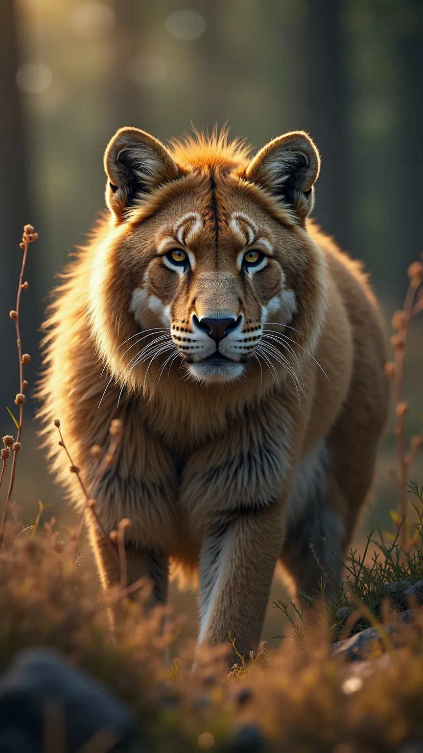 Photorealistic shot of a wild animal in its natural habitat. Highly detailed fur, natural textures, atmospheric lighting. The animal captured in motion, depicting a hunting or resting moment. 

Deep sharpness, cinematic depth of field, natural lighting, so...