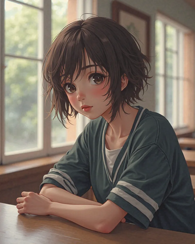 Believe me, a girl sitting at a table her physical appearance is short brown hair, a little messy, her eye color is dark black, her colored skin is dark and she has an attractive face that is neither feminine nor masculine, she has casual school clothes, t...