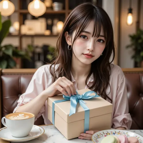 A breathtakingly realistic photograph. A stylish young Japanese female college student,soft wavy hair,no bang brown hair and subtle makeup sits at a table in an elegant cafe receiving a beautifully wrapped White Day gift. The gift is a beige box adorned wi...