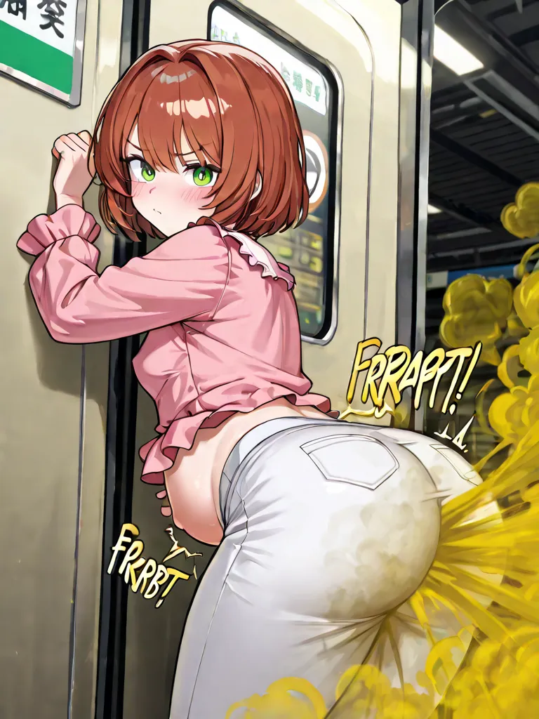 Sakura kinomoto is farting big and obscene in the subway station, short hair, auburn hair, green eyes, pink blouse, white pants, carefree, unconcerned, slob, relaxed, blush, standing, small breast, small and round butt, flat belly belly gurgles, small bloa...