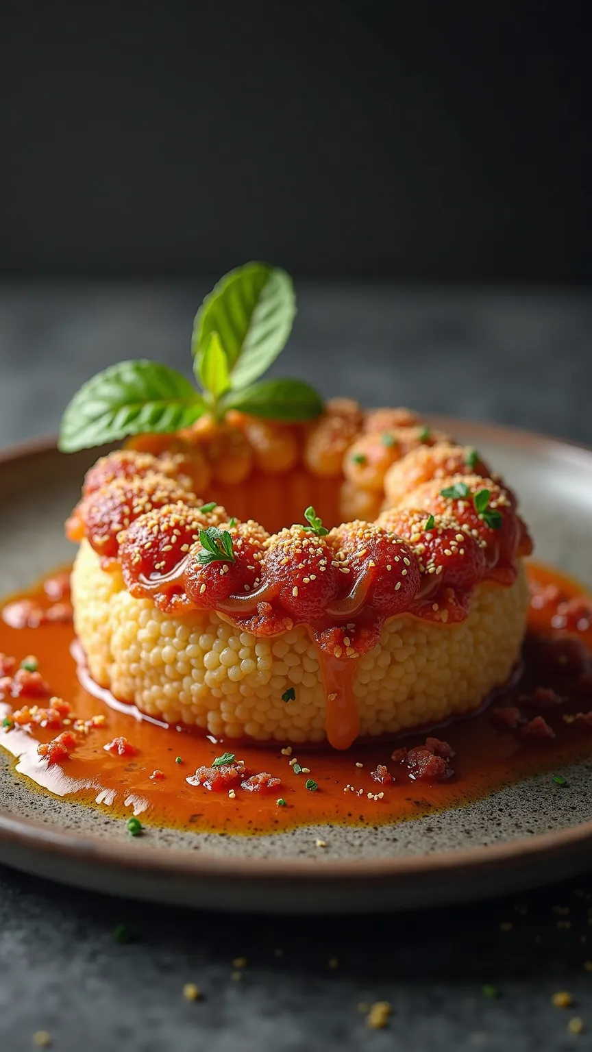 Photorealistic studio shot of a gourmet dish. Highly detailed textures, perfect balance of light and shadow, glossy surface, mouthwatering appearance. 

Elegant presentation, stylish minimalist background, cinematic depth of field. Natural vibrant colors, ...