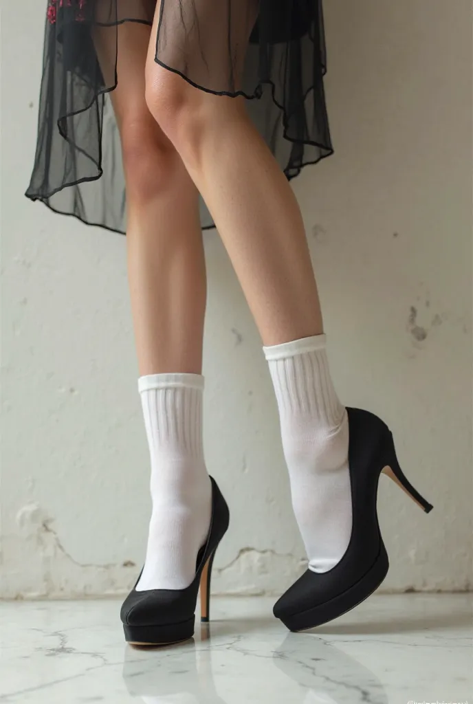 Girl wearing white socks, the socks are too short, with black heels, tied up, suspended 