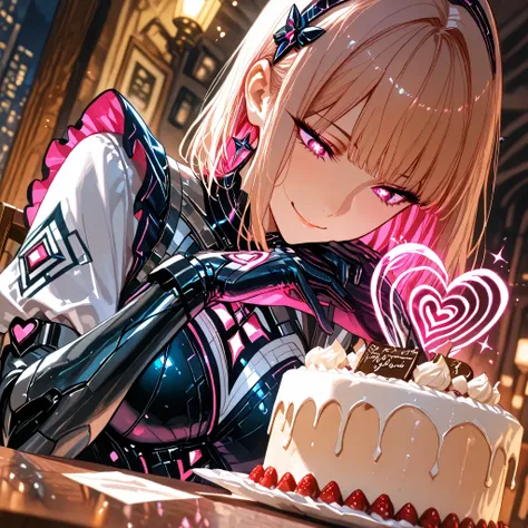 A stylish and cybernetic female warrior,Scene in a dark and calm cafe, Active Angle, Active Angle,((look down)),Staring at the cake seriously. Her gaze is on the cake. with sleek metallic implants and pink glowing cybernetic eyes,heart-shaped pupils,Her cy...