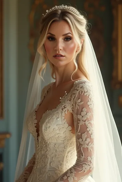 European model with hairstyle and veil wearing an extremely luxurious long-sleeve wedding dress embroidered with pearls.  