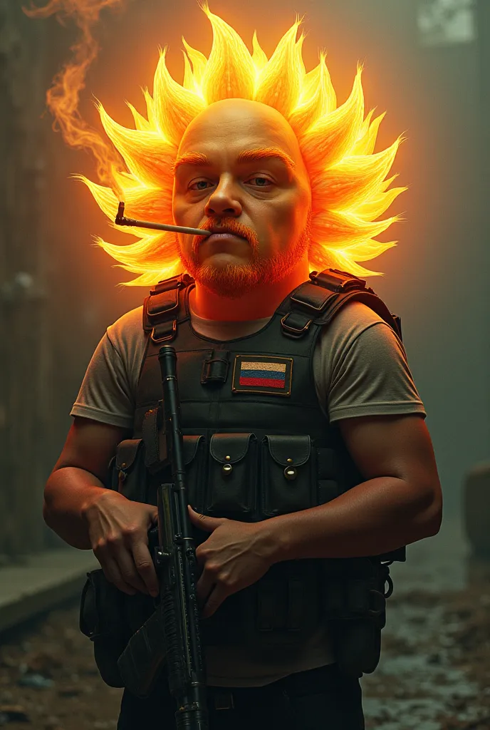 A sun that doesn't have a face,wearing a bulletproof vest with a Russian flag patch and holding a rifle and burning a marijuana cigarette 