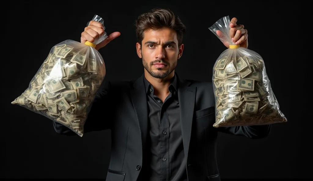 Young man holding bags full of money, looking at the camera and lifting them up (background is black)