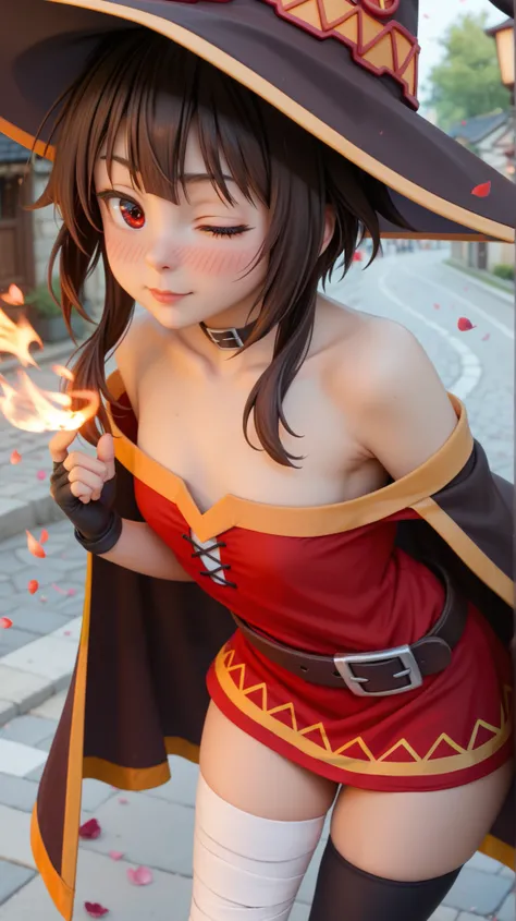 masterpiece, best quality, amazing quality, street, cherry blossoms, outdoors, looking at viewer, close-up, megumin, red eyes, brown hair, short hair with long locks, witch hat, red dress, short dress, off-shoulder dress, collarbone, choker, black thighhig...
