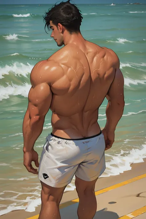 ((Lifesaver, Swimsuit with Red and Yellow Lines)),male, macho,sunburn,handsome,  black hair,Big, muscular buttocks,lumpy bare feet,my body is wet,all back, sandy beach, on the edge of the waves