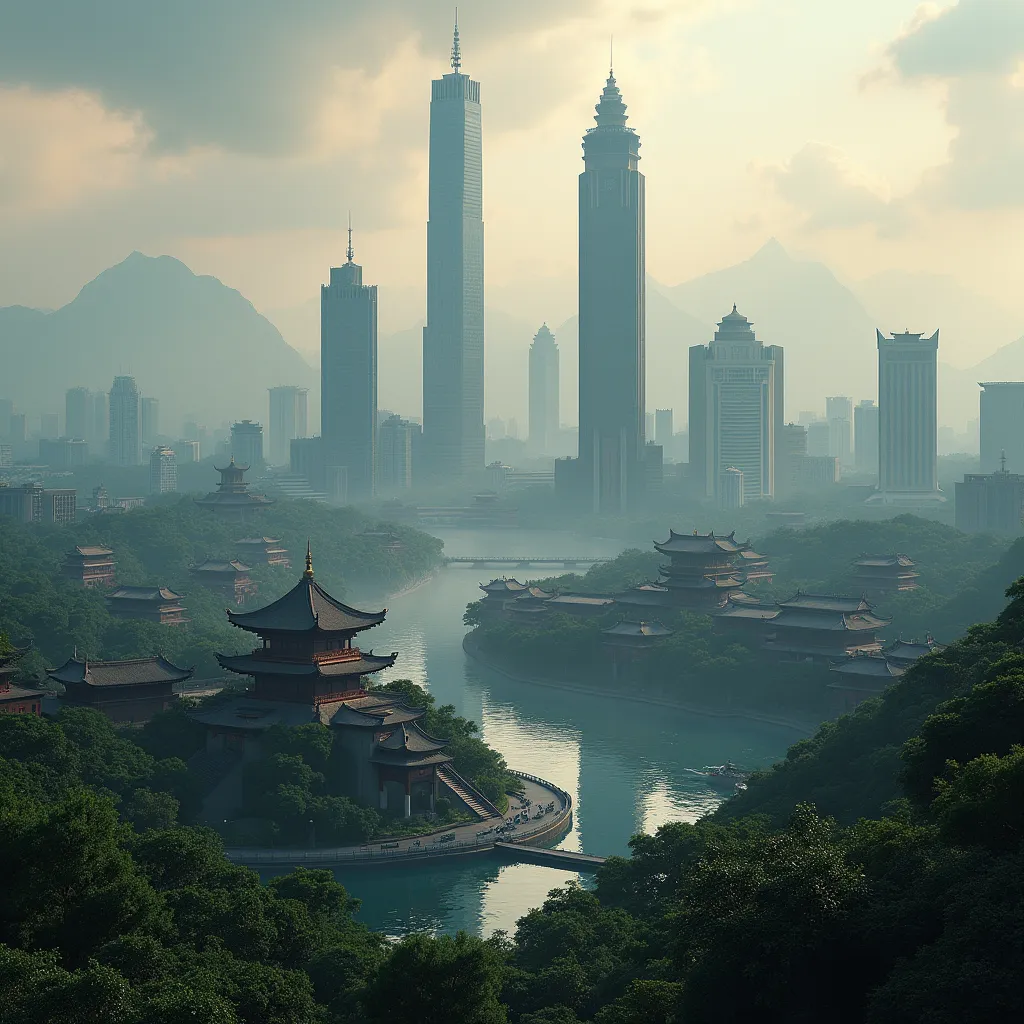 China skyscrapers and history, high-quality 4K, detailed, photorealistic, complex architecture, majestic skyscrapers, ancient Chinese culture, traditional tree crowns, picturesque landscape, Golden Pagodas, dark tones,  Difficult lighting , realistic textu...