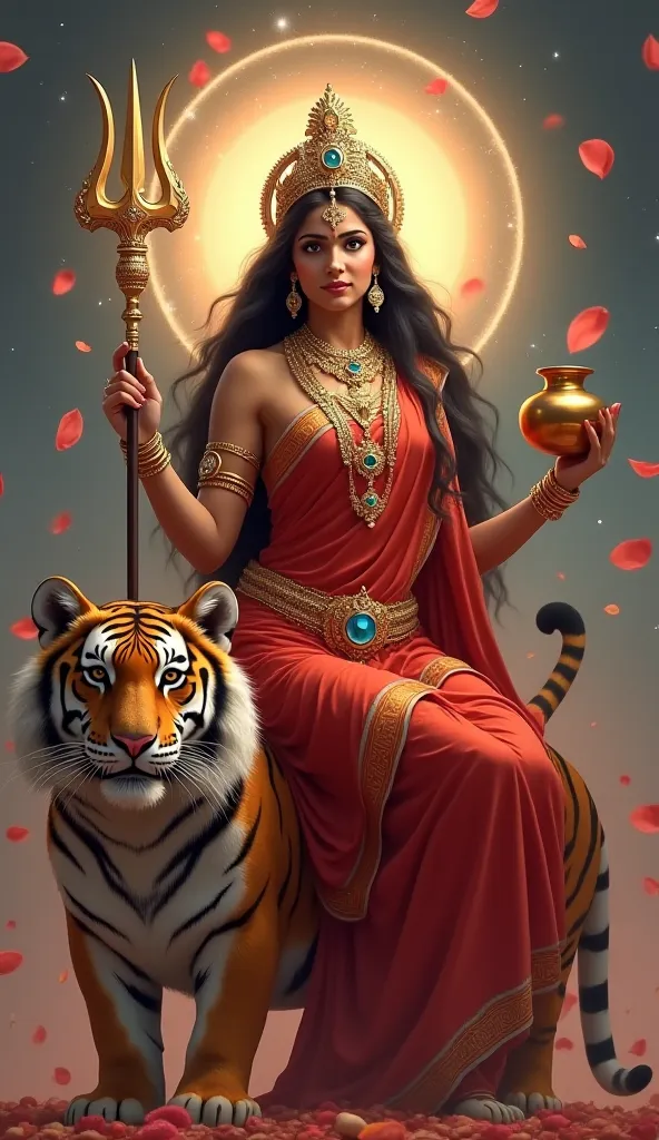 This is a digital painting of a goddess, likely inspired by Hindu mythology, depicted in a divine and powerful form. She is adorned in a red saree with intricate golden jewelry, wearing a regal crown with a gemstone in the center. Her expression is serene ...