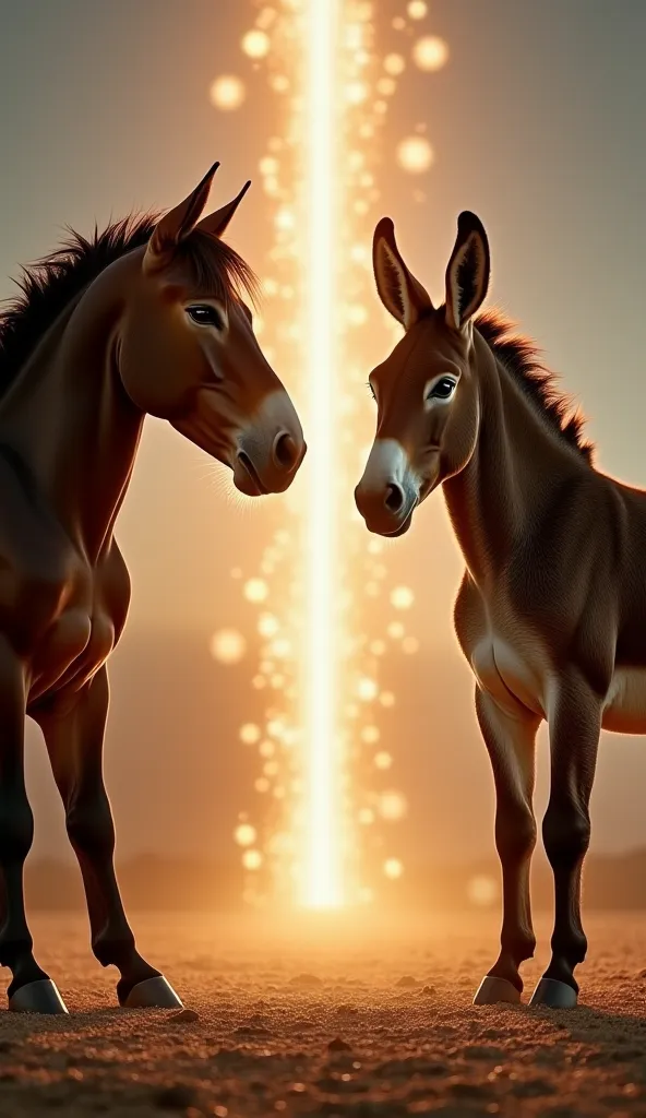 On one side, a horse stands tall with its powerful build, while on the other, a donkey stands firm with its resilience. As they merge, a bright glow appears, and a mule emerges—stronger than a donkey and more enduring than a horse, though unable to reprodu...