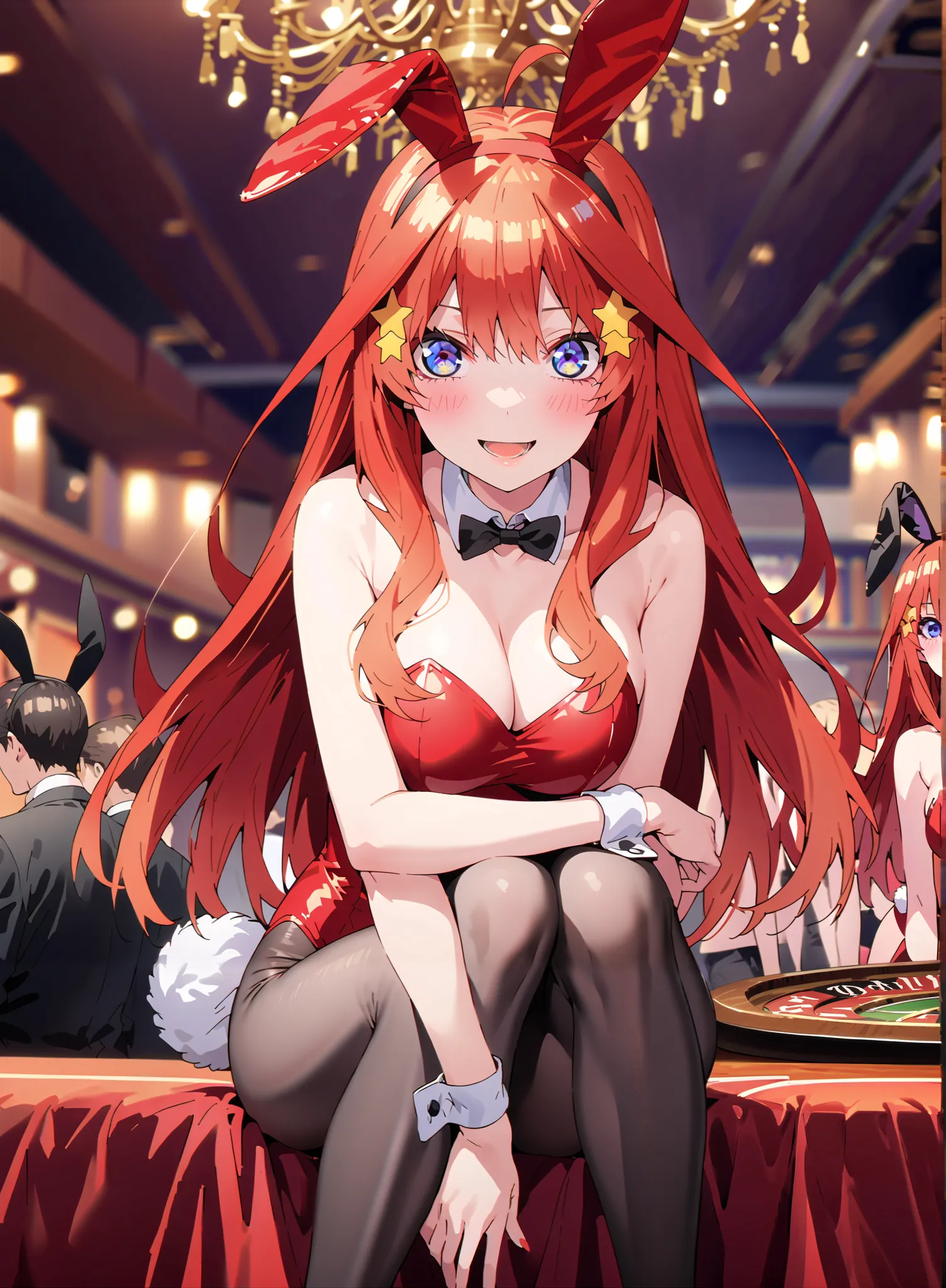 score_9, score_8_up, score_7_up,  source_anime, Nakano Mizuki , long hair, blue eyes, hair ornament that places arms on the knee, red hair,star (  symbol ), star hair ornament that places arms on the knee, Big Breasts,Chest Valley, red playboy bunny, rabbi...