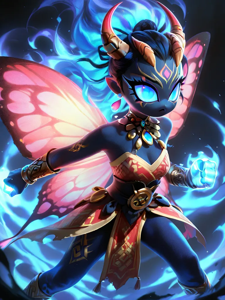 A fantastical character. Female. This character possesses luminous butterfly wings, in sparkling blue hues, which evoke a mystical aura. Her skin is dark, contrasting beautifully with her bright, penetrating eyes. She wears elegant horns on her head, richl...