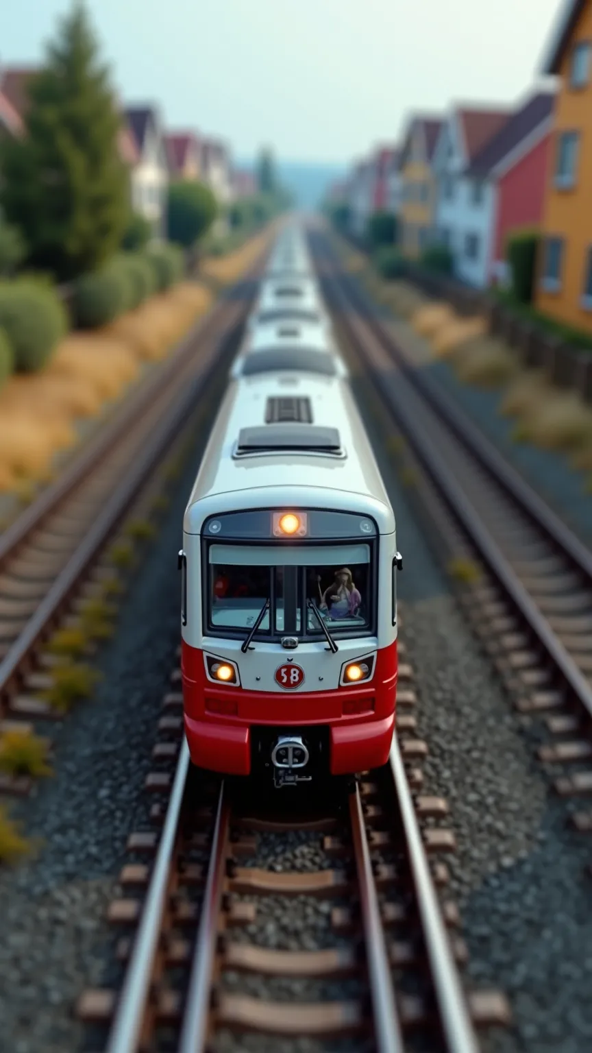 Tilt-shift photography of a moving train. A bright miniature effect makes the train appear like a toy model. Camera positioned high, sharp focus in the middle, side blur effect.  

Realistic metallic textures, rich colors, detailed rails, tiny houses in th...