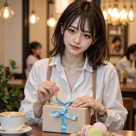 A breathtakingly realistic photograph. A stylish young Japanese female college student with soft wavy no bang brown hair and subtle makeup sits at a table in an elegant cafe receiving a beautifully wrapped White Day gift. The gift is a beige box adorned wi...