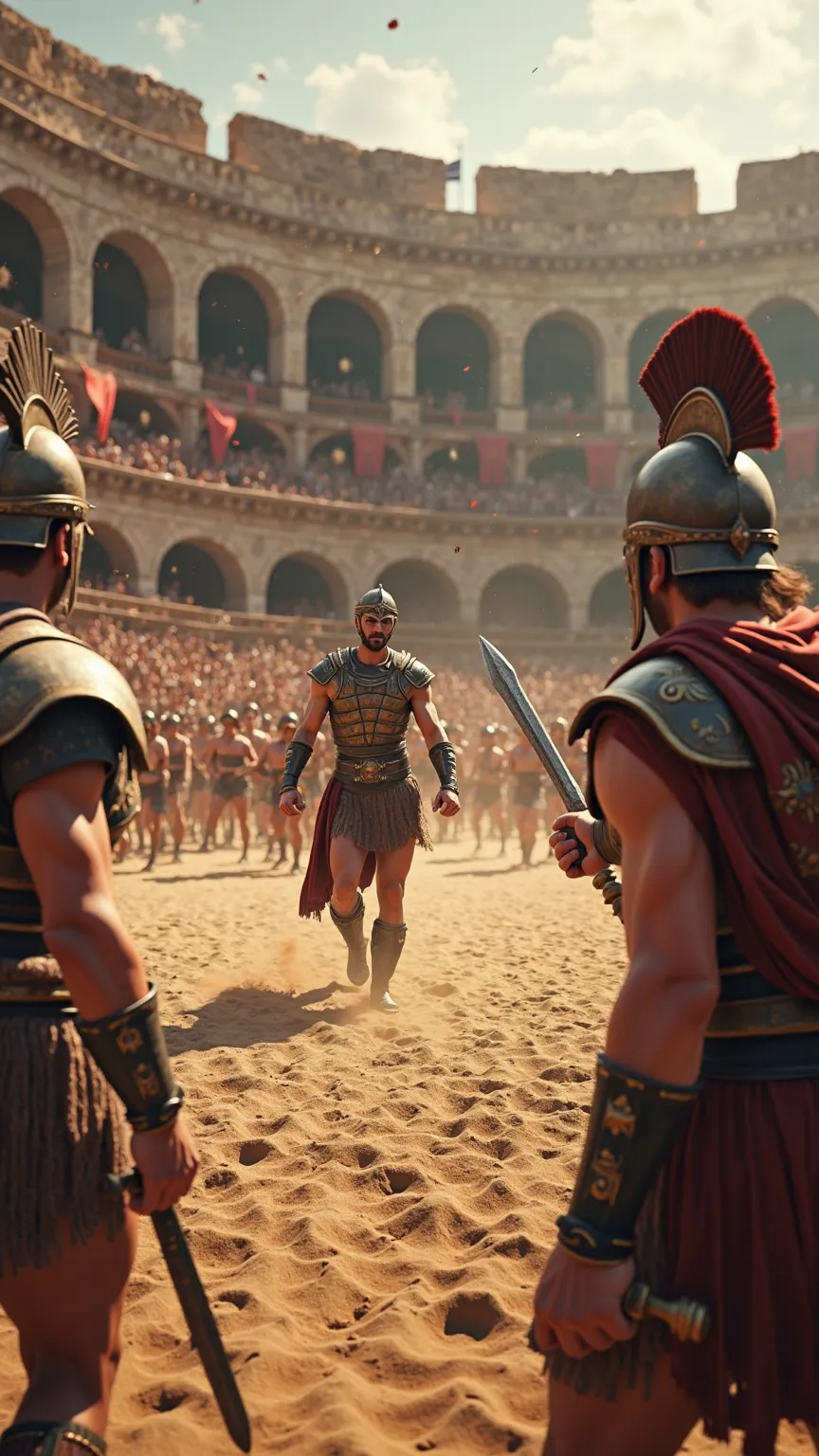 "A highly realistic battle scene in an ancient Roman coliseum, captured from a first-person perspective. In the foreground, the viewer's hands grip a gladius with a bloodstained blade in the right hand and a large, historically accurate Roman scutum in the...