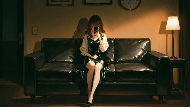 A dimly lit living room at 2 AM. A tall man with short dark brown hair sits on a black leather couch, wearing a white dress shirt with rolled-up sleeves. He holds a phone in one hand. A small table lamp casts a warm glow, creating long shadows. At the entr...