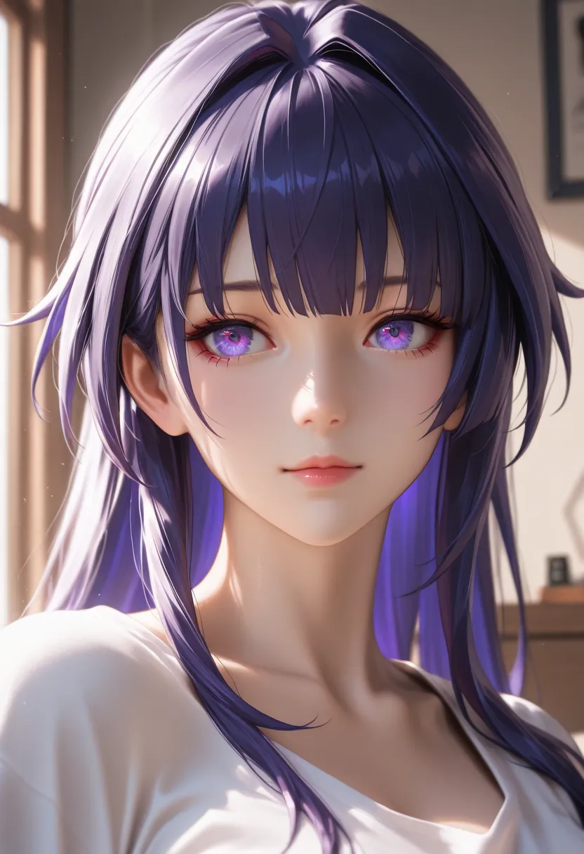 masterpiece, best quality, vibrant, very aesthetic, high contrast, photorealistic portrait,beautiful detailed face,detailed texture,detailed skin, newest, BREAK 1girl, raiden mei, honkai \(series\),shirt,room