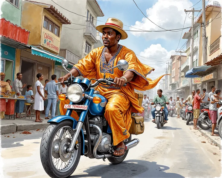A Nigerian man ridding a motorcycle on the street
Water color illustration,