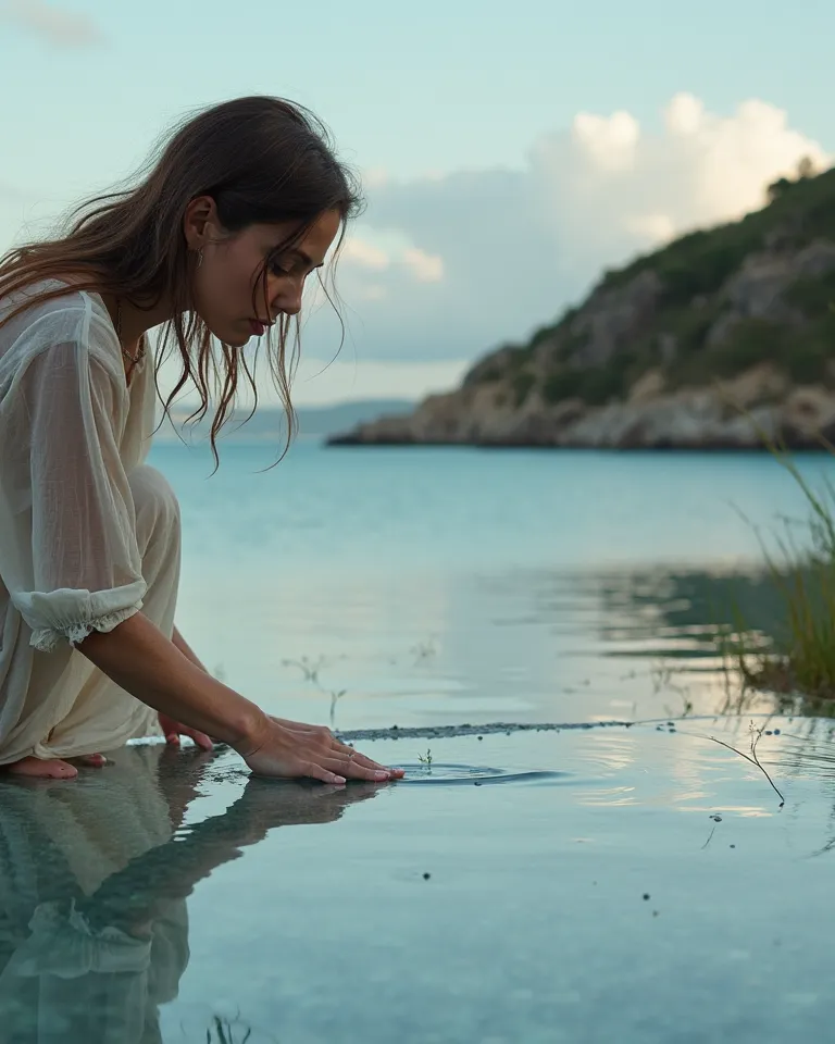 📸 Cinematic frame of a woman touching the water reflected in Cristallo del Mar
A Cristallo del Mar Quartzite slab reflects the sky and water on its polished surface. A woman with delicate features bends down and runs her fingers over the damp stone, leavin...