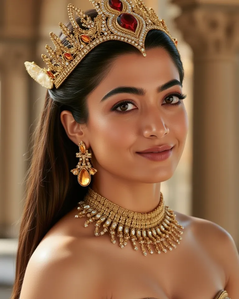 A stunning queen with striking features, wearing an opulent golden headdress adorned with intricate gemstones and a large amber jewel at the center. Her long, sleek black hair cascades down her back, complementing her regal appearance. She wears a dazzling...