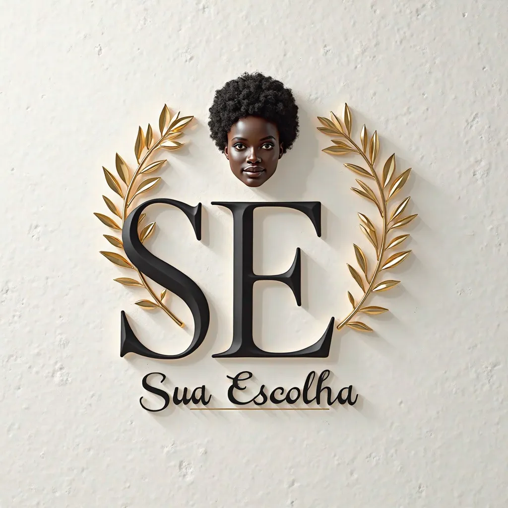 Create a 3D logo on a white granite wall 'SE'  with the slogan 'Sua Escolha' below it. Incorporate an elegant symbol of female attire in gold, encircled by golden branches, above the logo. Add the face of an African American woman com tranças postiço above...