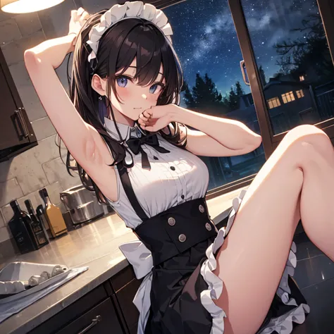 A maid, (in kitchen), wearing maid uniform, night, details face, , short skirt, seducing, sleeveless , night, starry night, armpits 