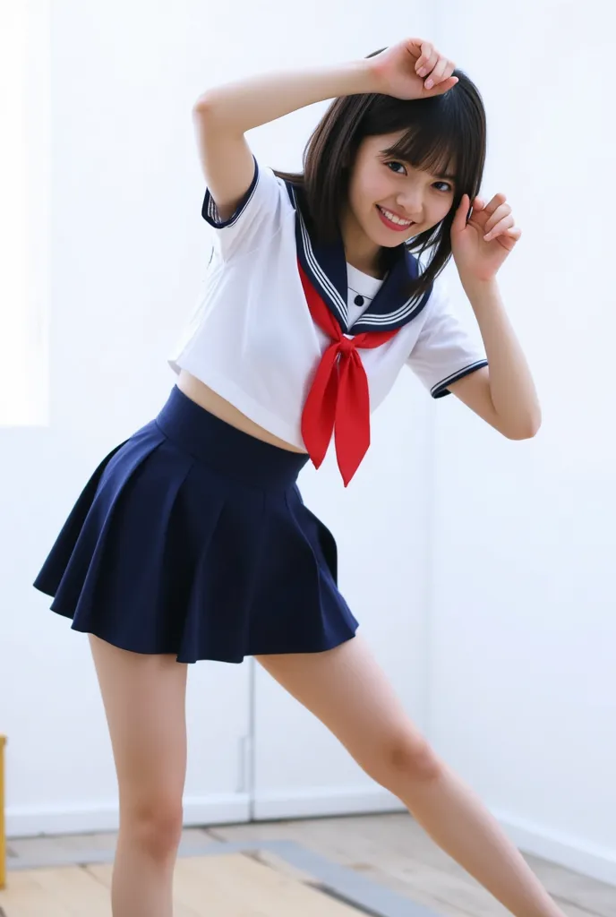  1 girl,  high resolution ,  best quality ,  sailor suit、smile、I'll Flip Up the Skirt、With bangs、   black hair、 raise arms、full body、opens legs、shortcuts, bob hair, chest, topless