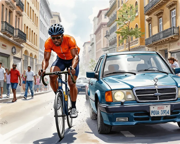 A Nigerian cyclist ridding too close to a car on the street while the car opens it door.
Water color illustration,