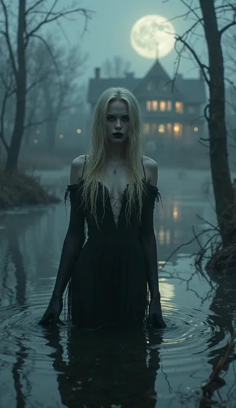 This dark, eerie, and gothic image depicts a mysterious woman emerging from a foggy swamp under the full moon’s glow.

Description:
	1.	Woman’s Appearance:
	•	She has long, wet blond hair clinging to her pale skin, giving her a ghostly, supernatural presen...