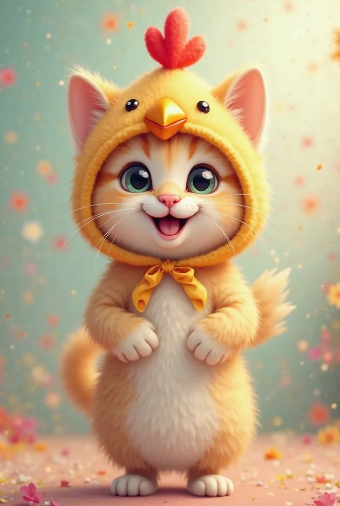 "A cute cat standing on its hind legs, wearing a chicken-shaped hat on its head. The hat is playful and detailed, featuring a bright red comb and a small beak. The cat has a joyful and playful expression, with big sparkling eyes and a happy smile. The scen...