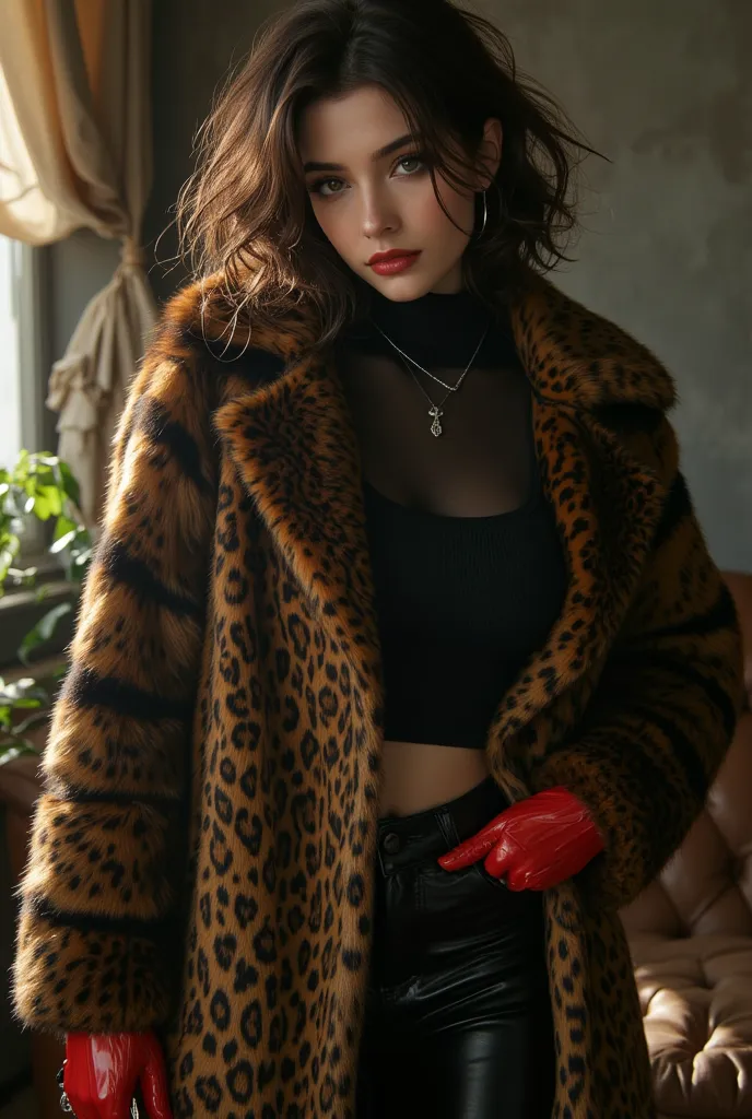 Fur coat with leopard print, Black leather shirt, curly bob cut hair, black leather pants, red latex gloves, she is wearing shiny black lip gloss, black eyeliner, extreme black makeup, in a dimly lit room with sunshine coming in through the window, look at...