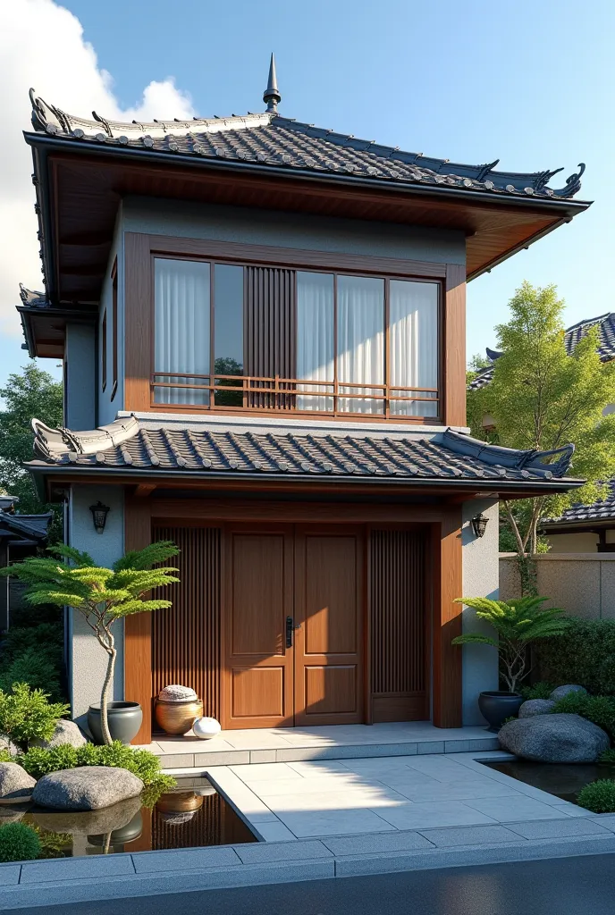 duplex villa, there is a koi pond on the side of the house, has a tea lounge in front, there is a garden in front of the gate