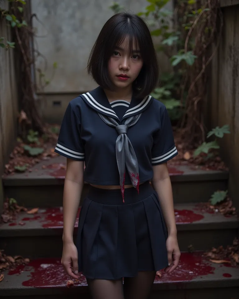 age girl, Asian, wearing a dark, blood-stained sailor uniform.  Short, dark hair; neutral expression, slightly scared.  Holding a bloody small pipe.  Uniform skirt, dark navy blue, slightly ripped and stained with crimson blood.  Dark navy blue collared sh...