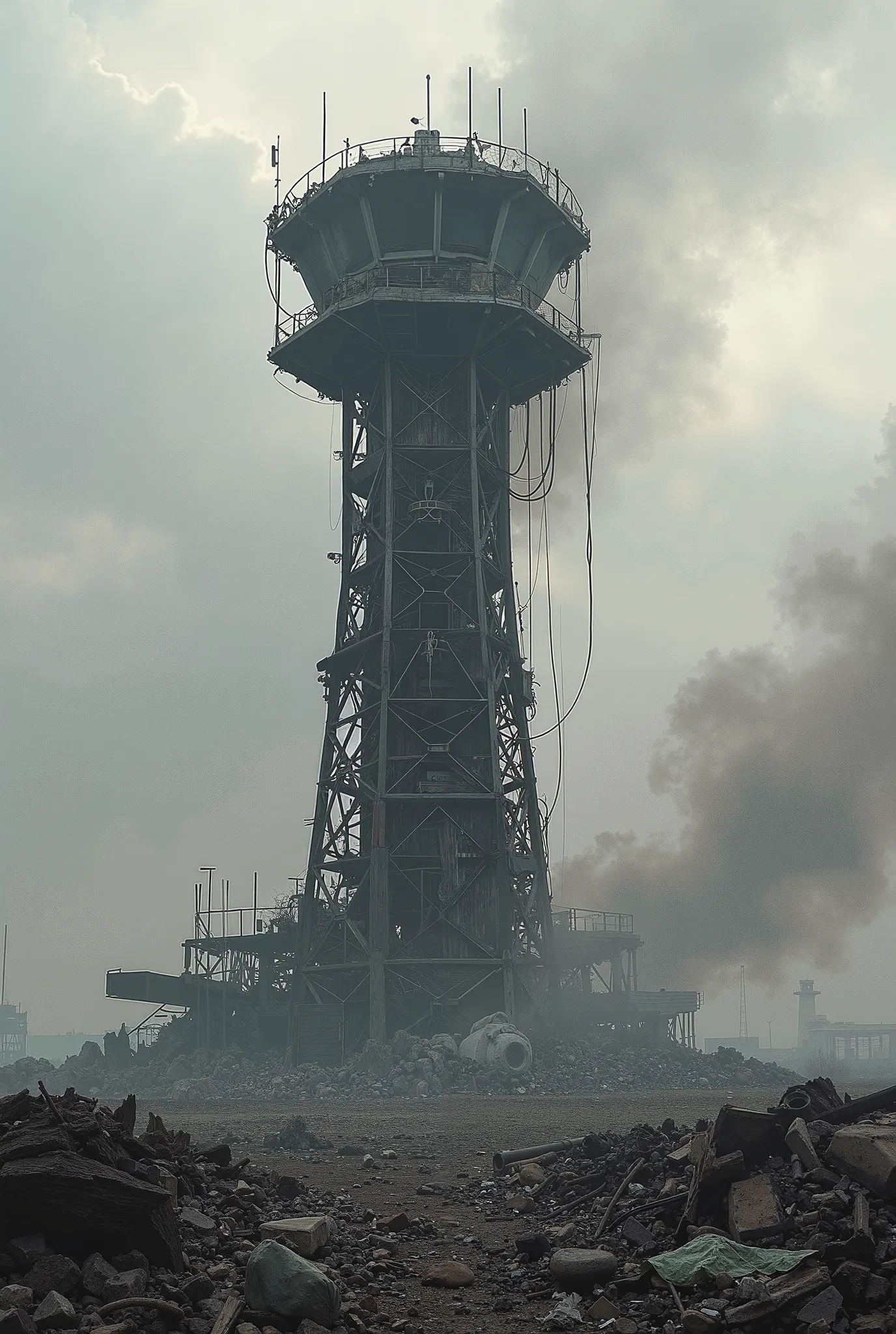 Photograph of the aircraft tower damaged by bombing