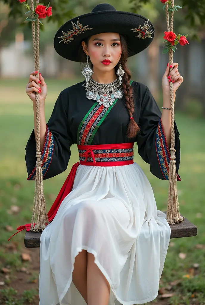 full image Full body view of a beautiful hmong young  a.hat Hmong model style  hig hleed heels shoes black slbecostumes with beads and money coins hanging attached, wear silver necklace jewelry, black shirt with front diagonal red green designs, blue strip...